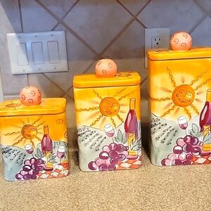 Colorful Sun and Wine Canister Set 2002  Lovely Rare Set.  Tight Rubber Seals